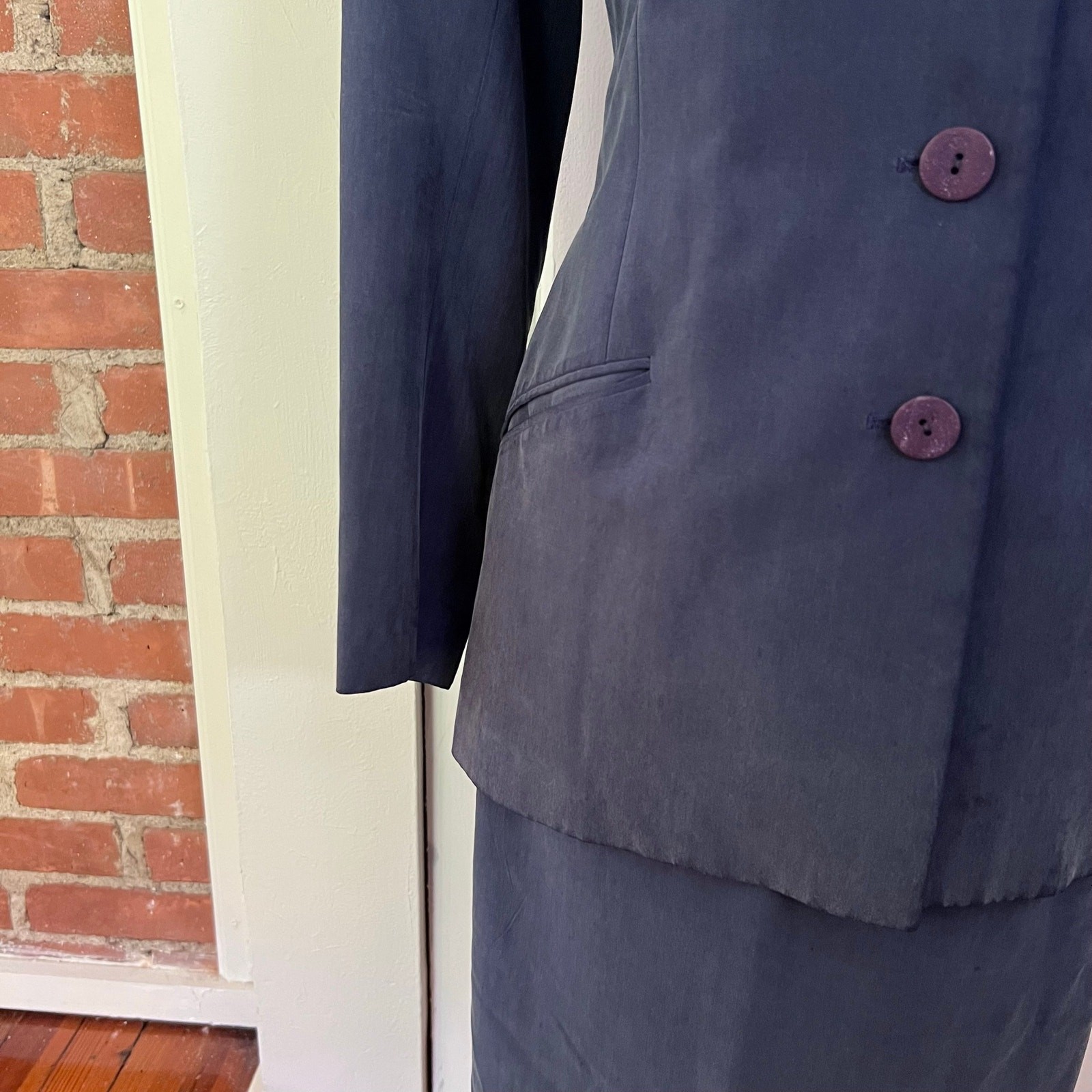 Vintage 90s Jean Claude Paris Silk Skirt Blazer Suit 6 Blue Made in France