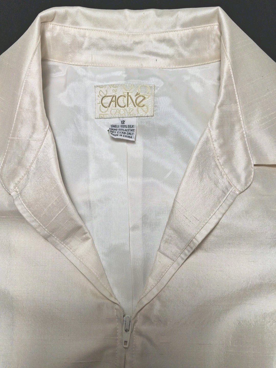 VTG Cachet Ivory Evening Jacket Sz 12 100% Silk Embroidered Zip Front 3/4 Sleeve