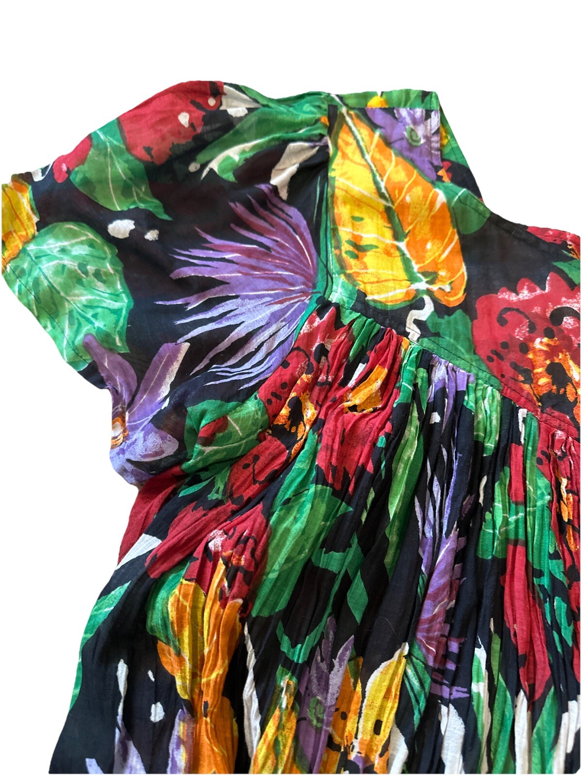 Vintage 80’s Sita Colorful 100% Cotton Trapeze Short Sleeve Dress Size S Nepal
