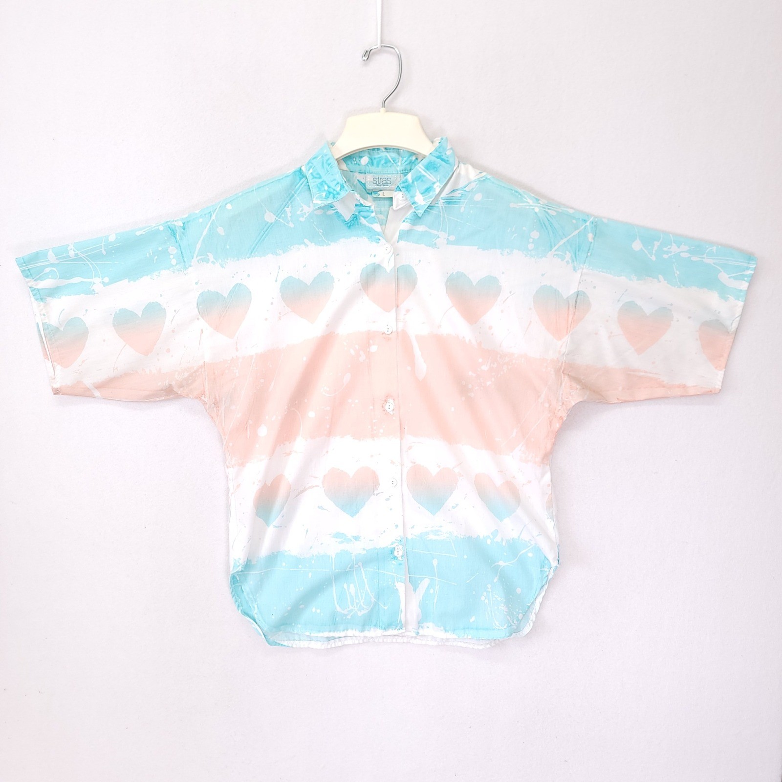 Vintage Stras California Heart Paint Splatter Shirt Pastel Turquoise Peach L