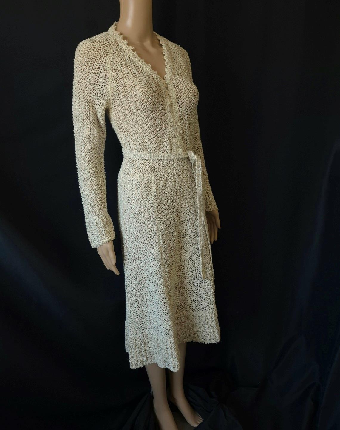 BOHO Vintage 1970s PALLAS Hand Loomed Irish Linen Knit Crochet SWEATER DRESS S