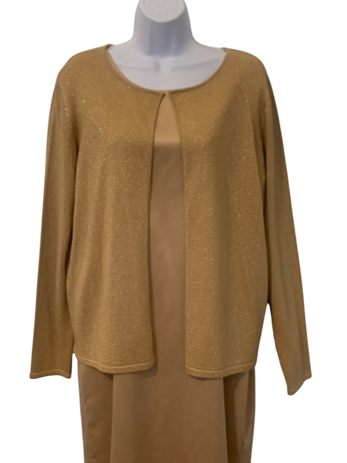 Victoria Holley Womens 2 PC Dress Set Size 14 Gold Silk Blend Matching Cardigan