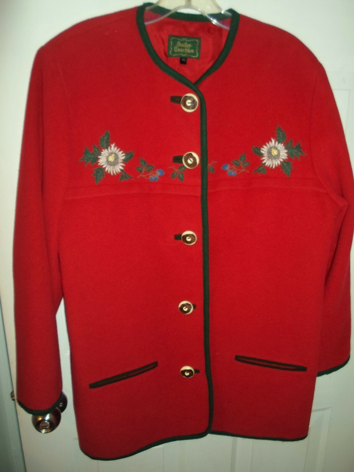 Sailer Trachten Wool Blend Sz 40 Jacket/Blazer Red Green Trim Floral Embroidery