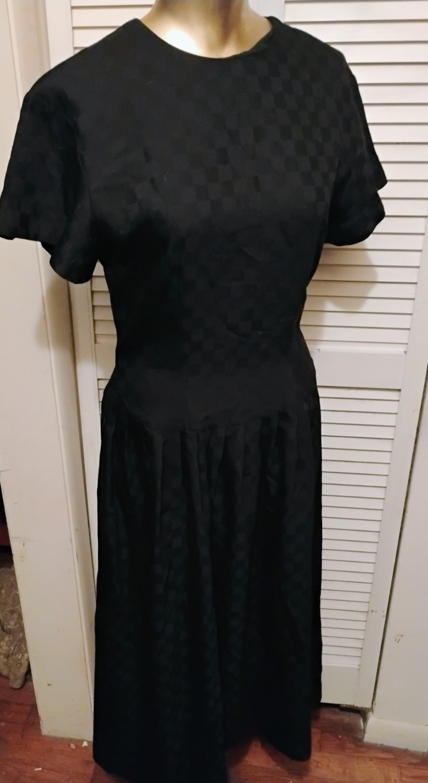 Vintage 80s Black Wool Shadow Check Kathryn Conover Open Bow Back Dress S M