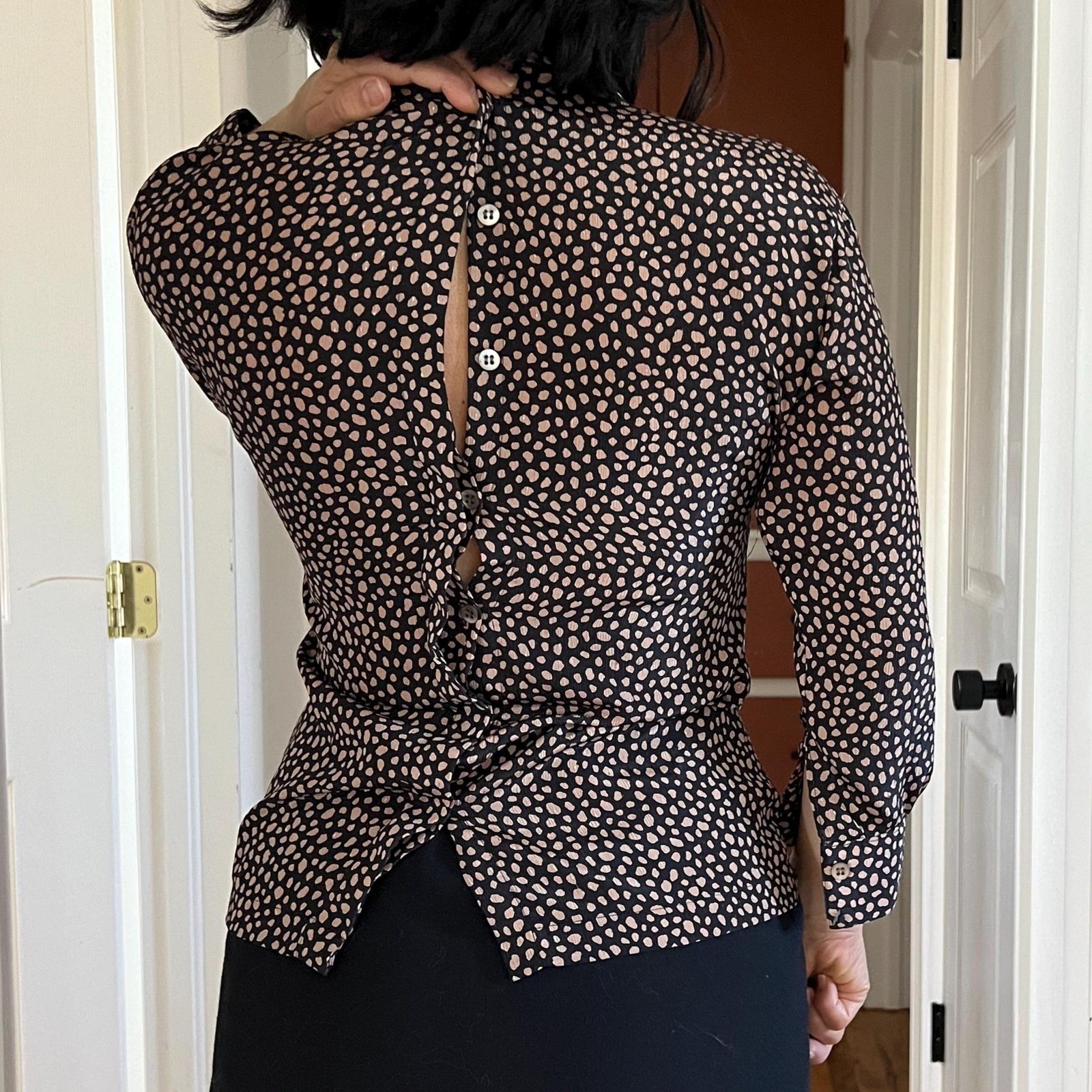 vtg 80s animal spot XS cravat button down blouse brown black neutrals