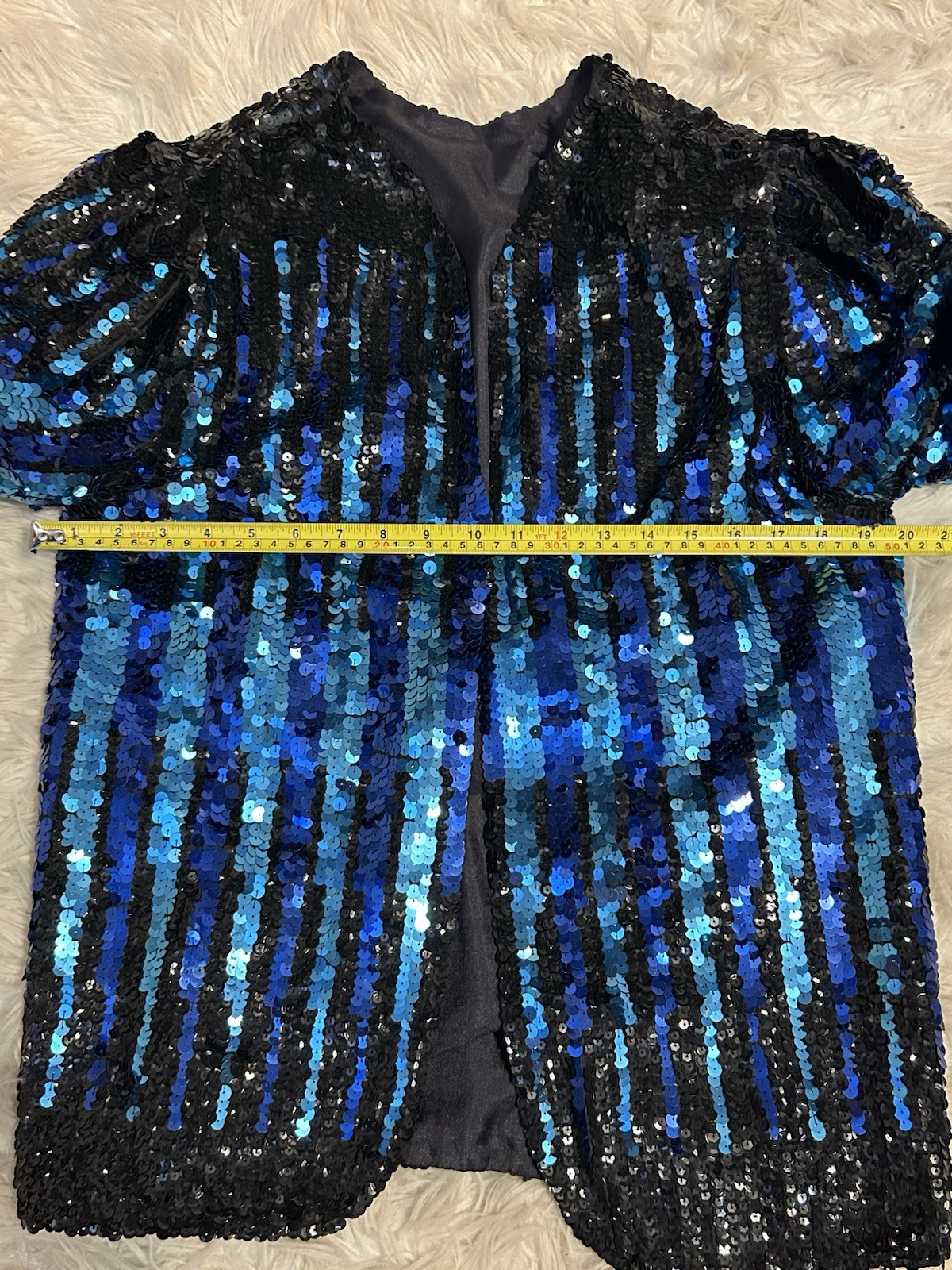 Vtg Multicolor Blue Sequin Open Jacket Shiny Disco Glam Rock Statement Formal