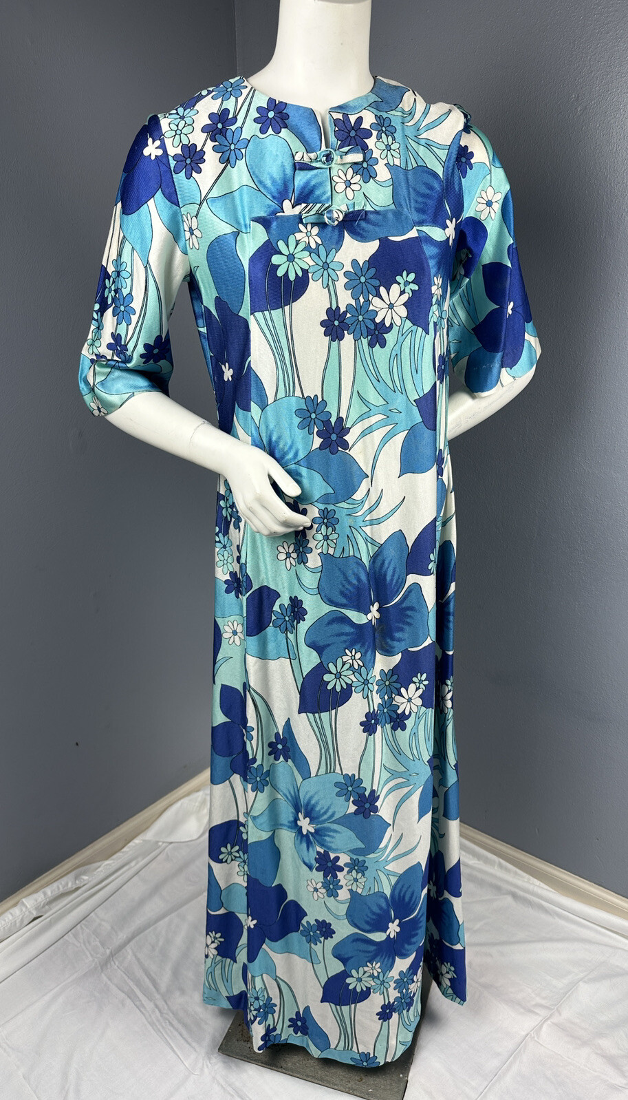 Vtg Hawaiian Surf By Pacific Blue Asian-Inspired Maxi Dress Hawaii Tiki 35” Bust
