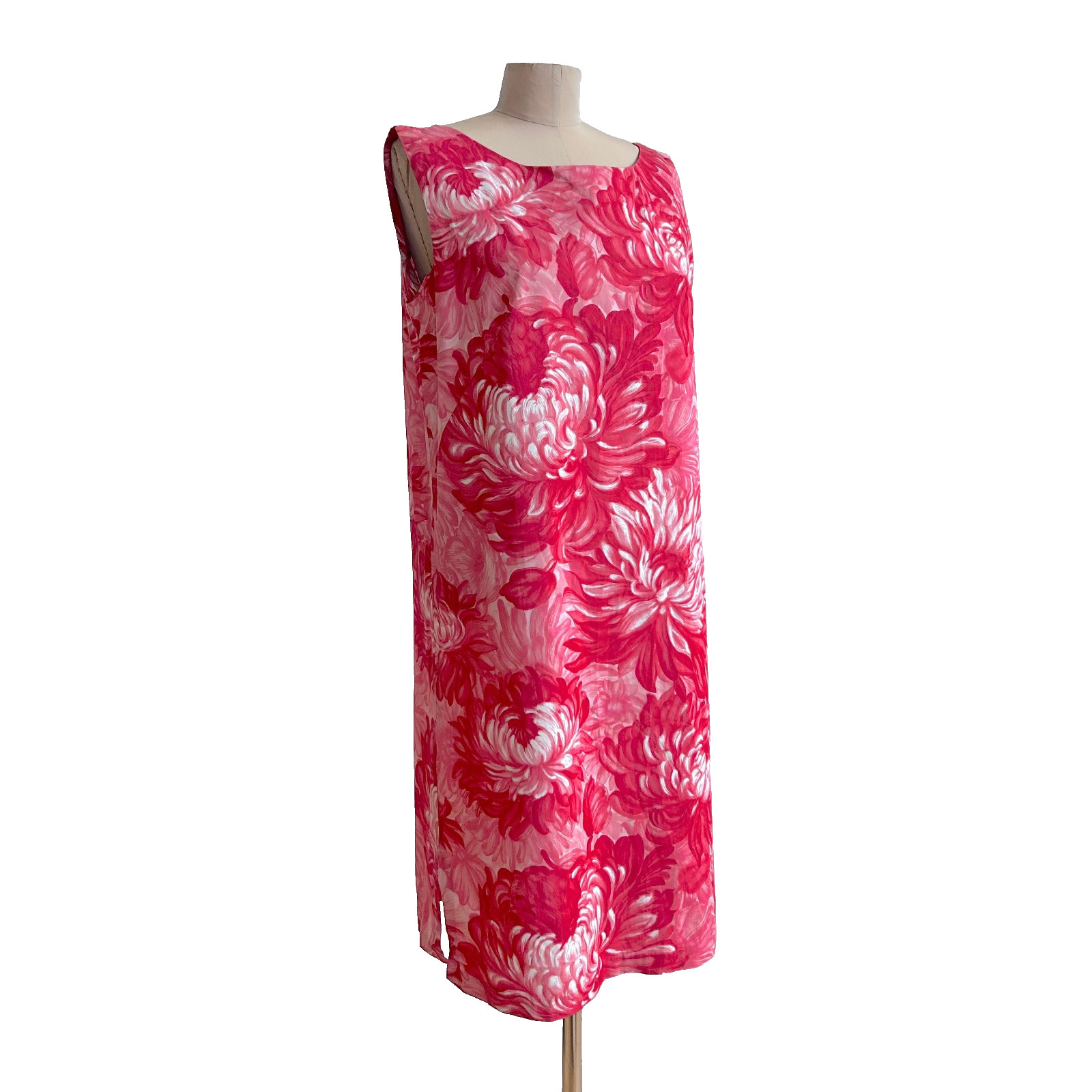Vintage 1960s Peony Print Pink Hawaiian Vibe Floral Shift Summer Dress sz M L