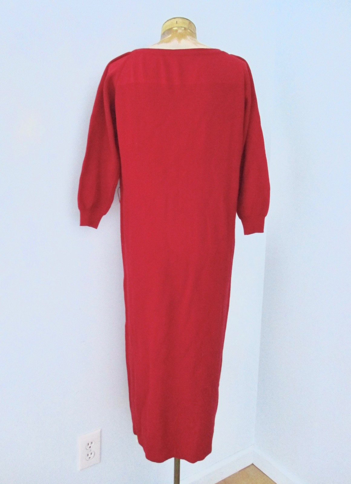 Vtg 50s 60s red wool rib knit sweater midi dress bateau neck puff sleeves 12