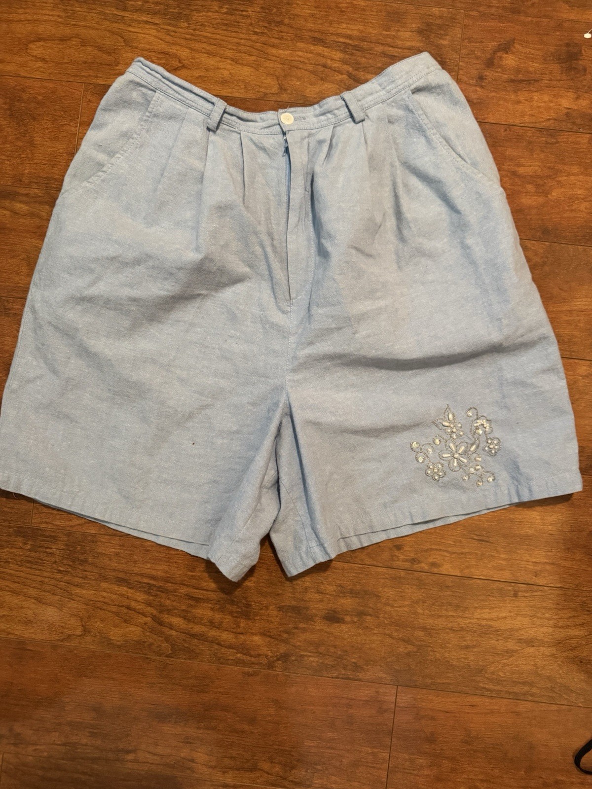 Vintage Fiorlina International Light Blue Beaded Floral Cotton Shorts Womens M