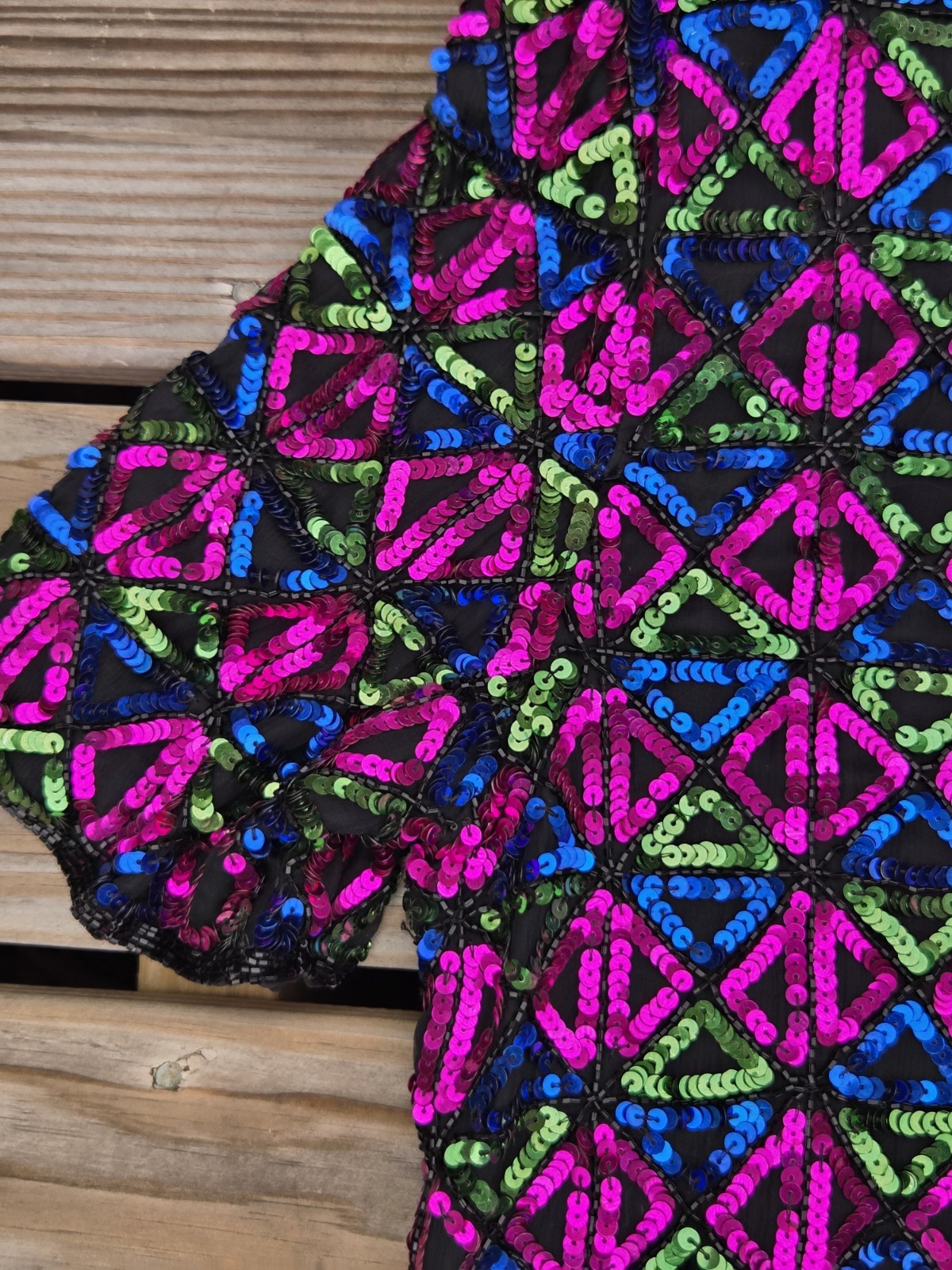 Vintage Sequin Jacket Womens Neon Geometric Beaded Party Top 80s Disco Glam