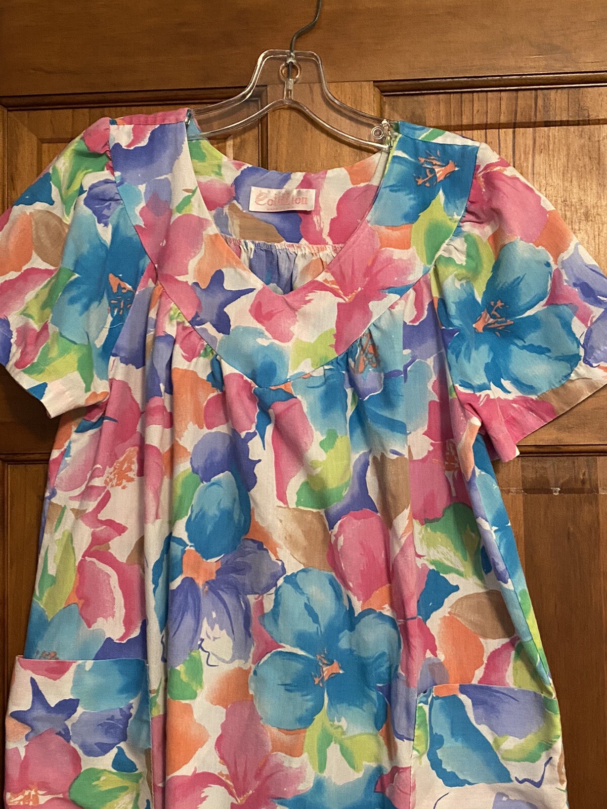 Vintage House Dress Cotillion Small USA Blue Pink Floral Short Sleeve Pullover