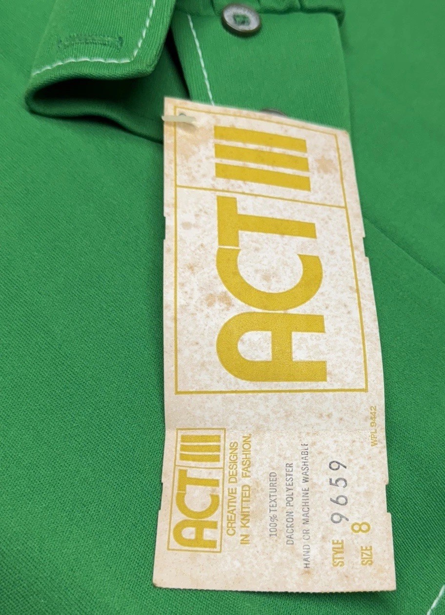 Vtg 1970s NWT ACT III Kelly Green 4 Piece Dacron Knit Tunic Pants Vest Suit 8⁠