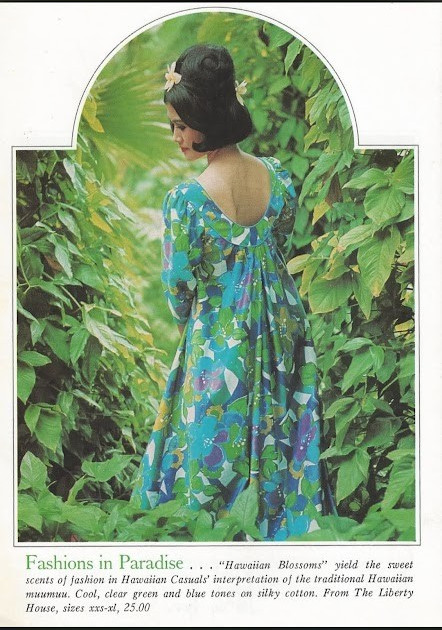 Vtg 60s Liberty House Hawaiian Watteau Waterfall Train Shelf Bust Luau Dress M/L