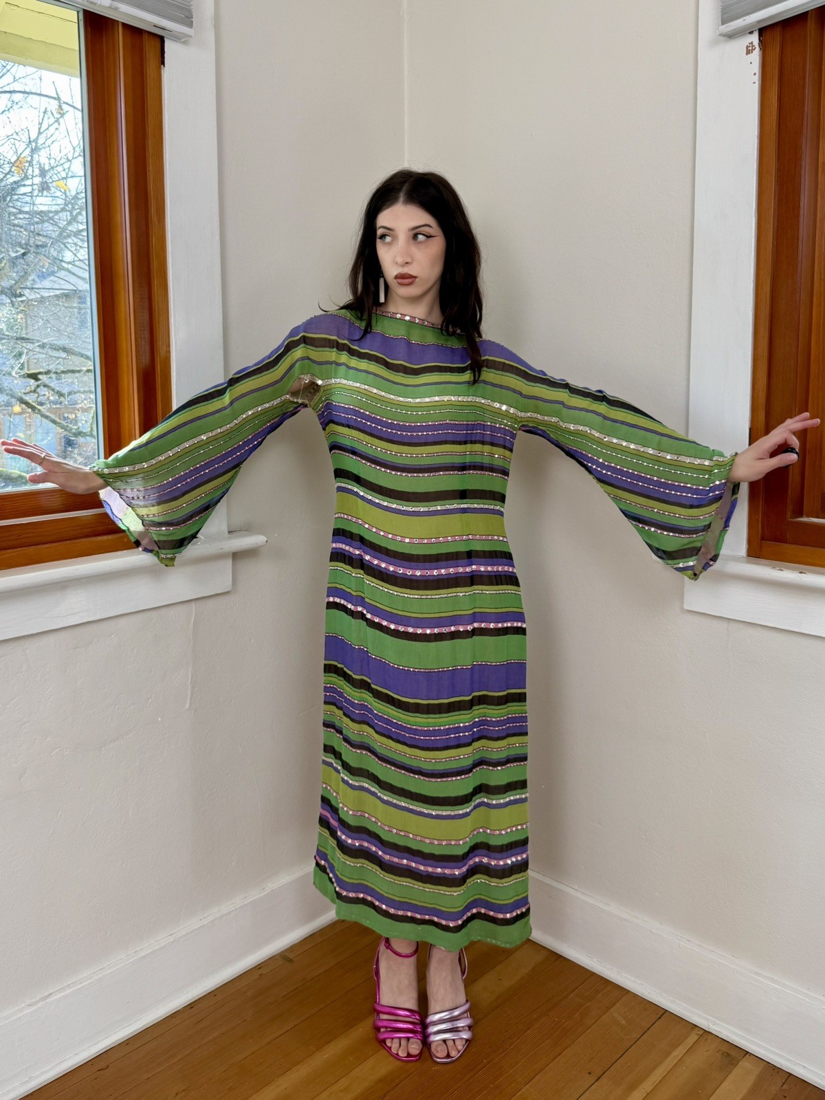 RARE AS IS 1970s Pauline Trigere Silk Glass Rhinestone Bell Sleeve Kaftan Dress
