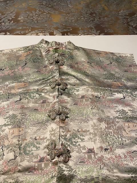 Vintage Asian Silk Women’s Blouse Top Silver Country Scene