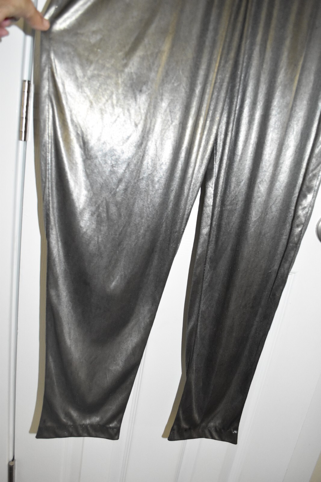 80s DISCO David Howard Silver Metallic Satin Jumpsuit One Piece Lounge petite 12