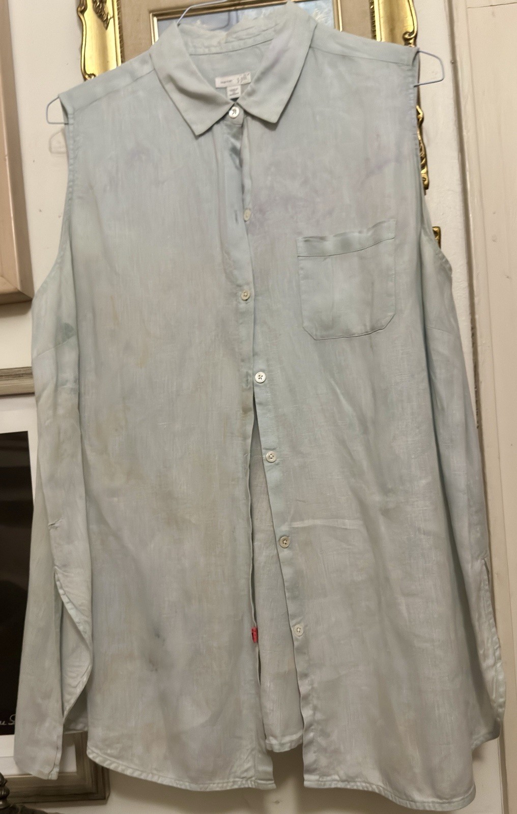 Vtg J Jill 2X I Love Linen Sleeveless Button Up Light Blue Boho Beach Casual