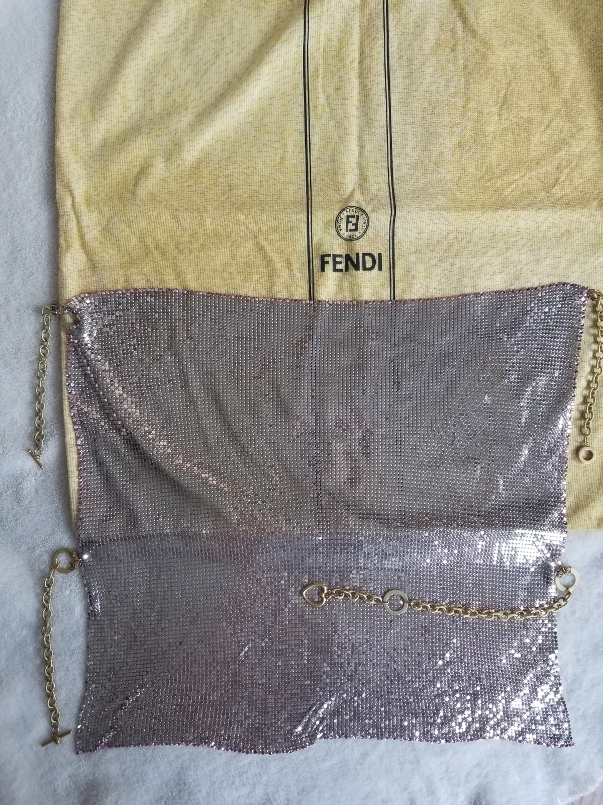 EXTREMELY RARE FENDI Mesh Chain Halter 2 Gold Chains Heart Clasp W Bag Runway