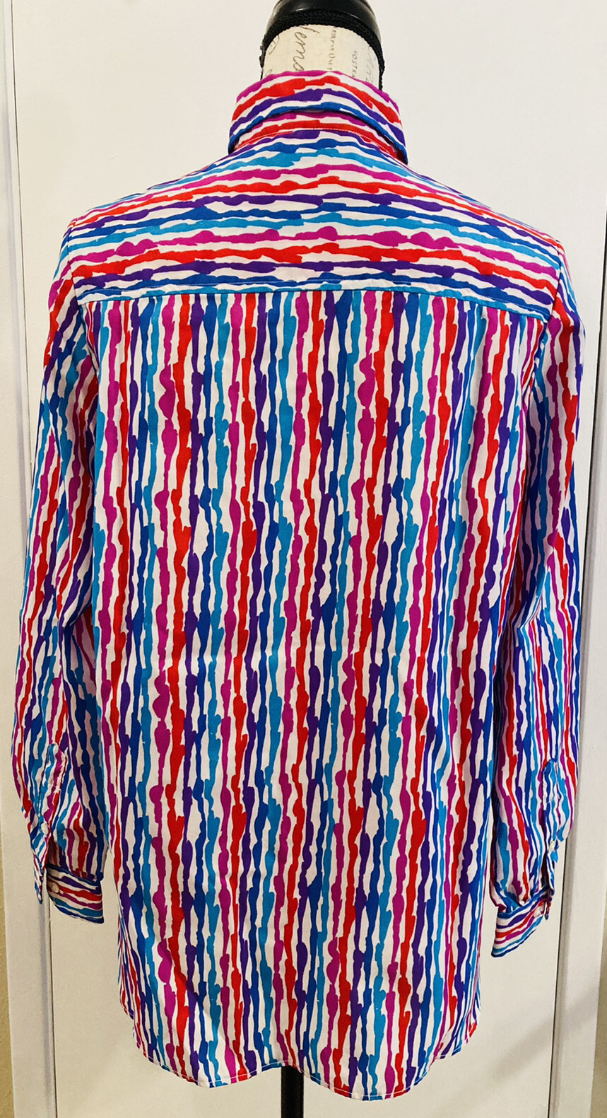 EVAN-PICONE Retro Secretary Vtg Blouse Multi Color Striped Button Up Poly 14 USA