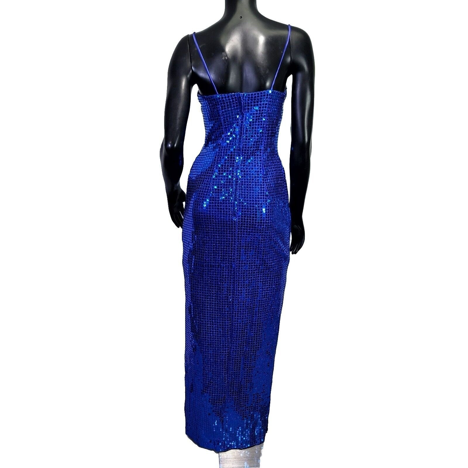 Vintage 90s L.A. Glo Blue Sequin Bodycon Maxi Dress Slit Evening Prom Sz 5/6 USA