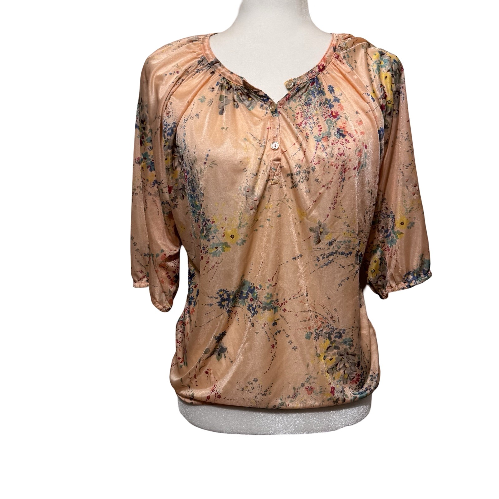 Vintage 70s Peasant Blouse Nylon Peach floral size Small Disco Hippie