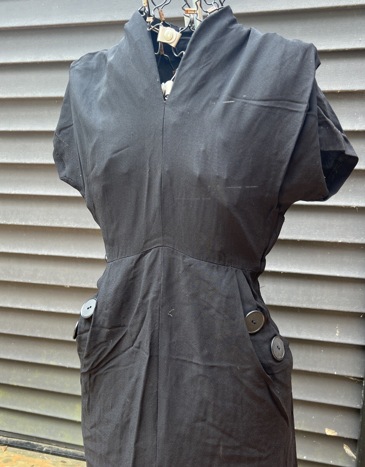Women’s VTG 50’s Dress Black Rayon Sm 34” Bust 28” W Cap Sleeves Rockabilly