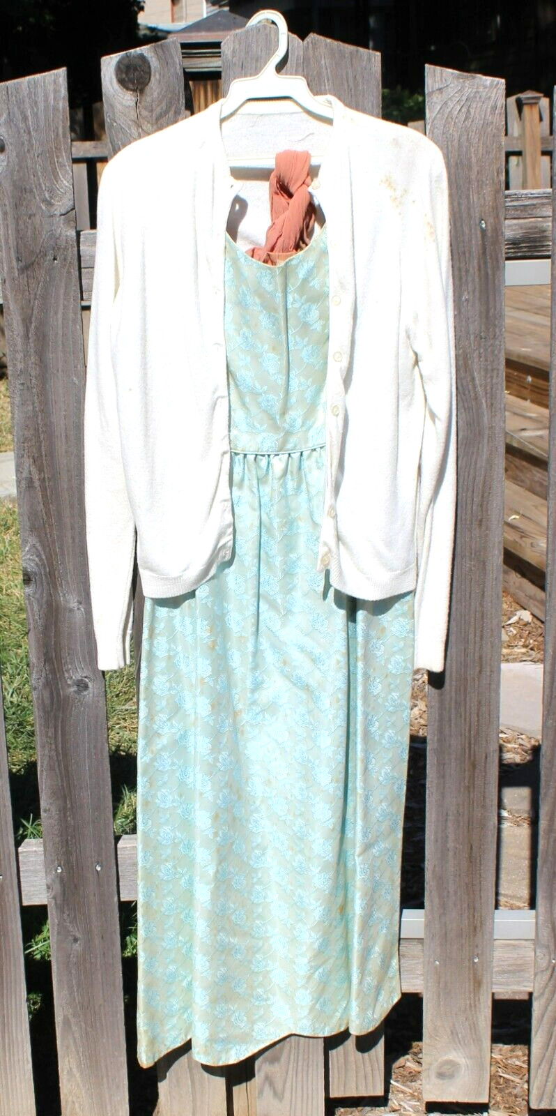 Vintage 1960 s Lacy Blue Gown, Cream Sweater, Nylons and Slip Small