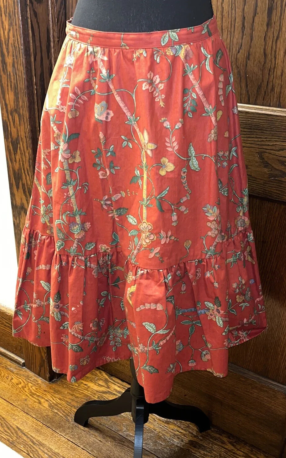 Vtg 1970s Phyllis Gardner Orange/ Rust Floral Chintz Flounce Skirt Mod sz 6
