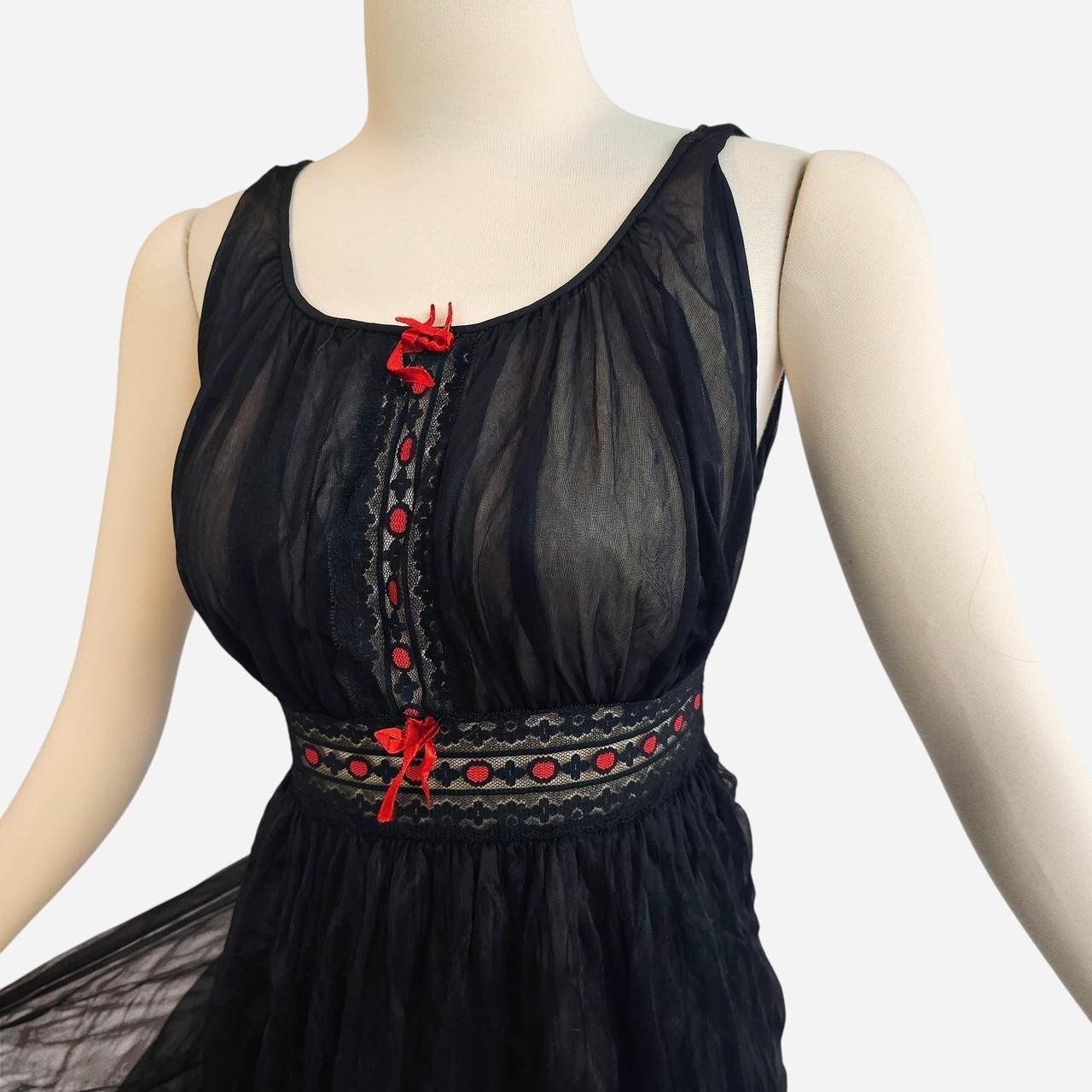 Vintage 1960s Black Lingerie Nightgown Slip Dress Red Lace Chiffon 60s Avian