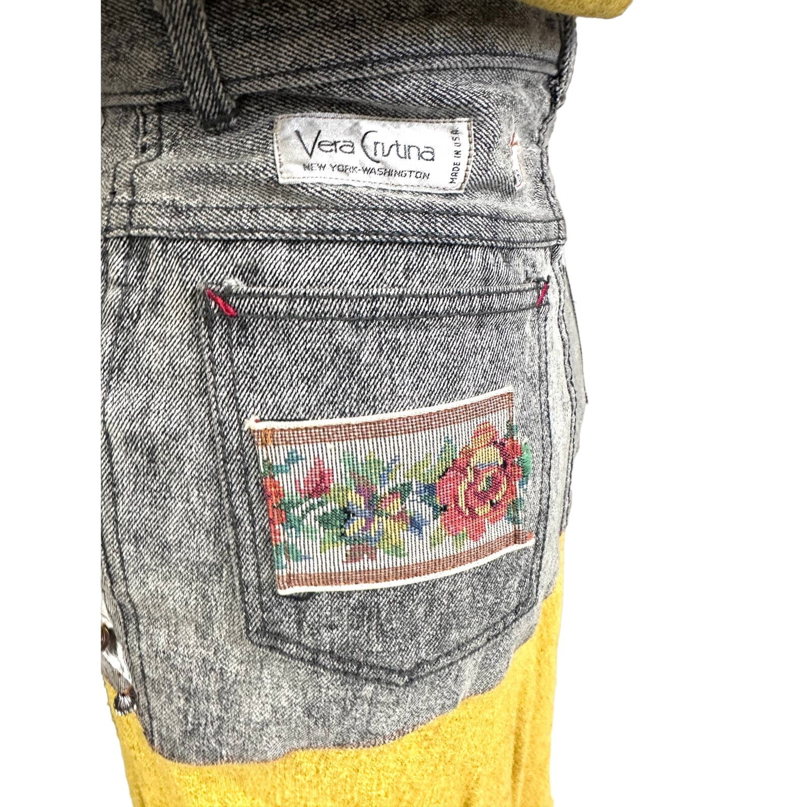 Vera Cristina NY VTG 1980s Skirt & Top Set Yellow Linen Gray Denim Beaded Sz M
