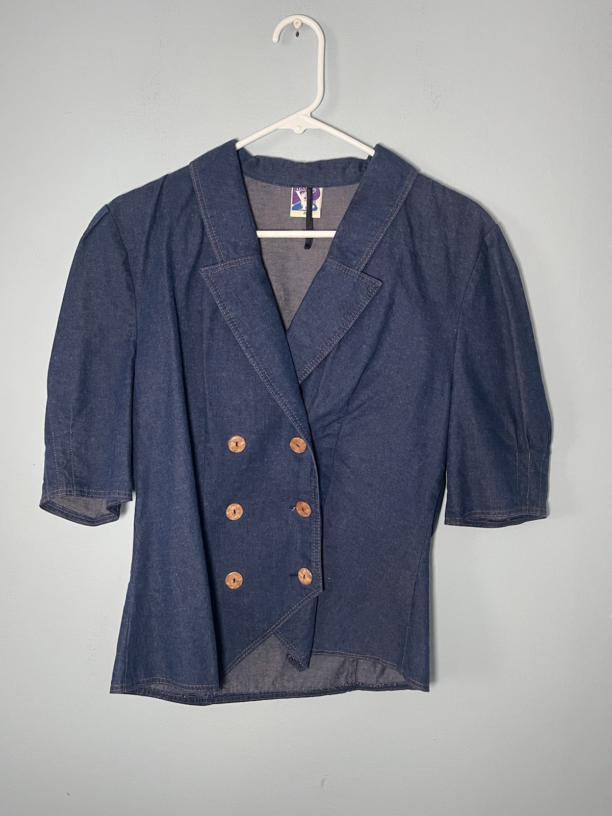 Vintage 100% Cotton Chambray Double Breasted Blouse Jacket Top Puff Sleeves 36 S