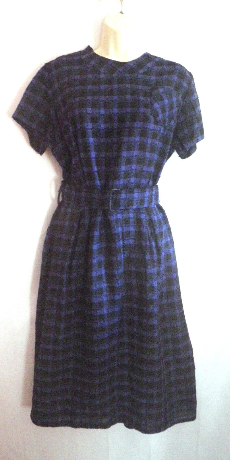 Vintage 50s Black & Blue Plaid Woven Dress Belt „Leslie Novelty” 20 1/2 S to M