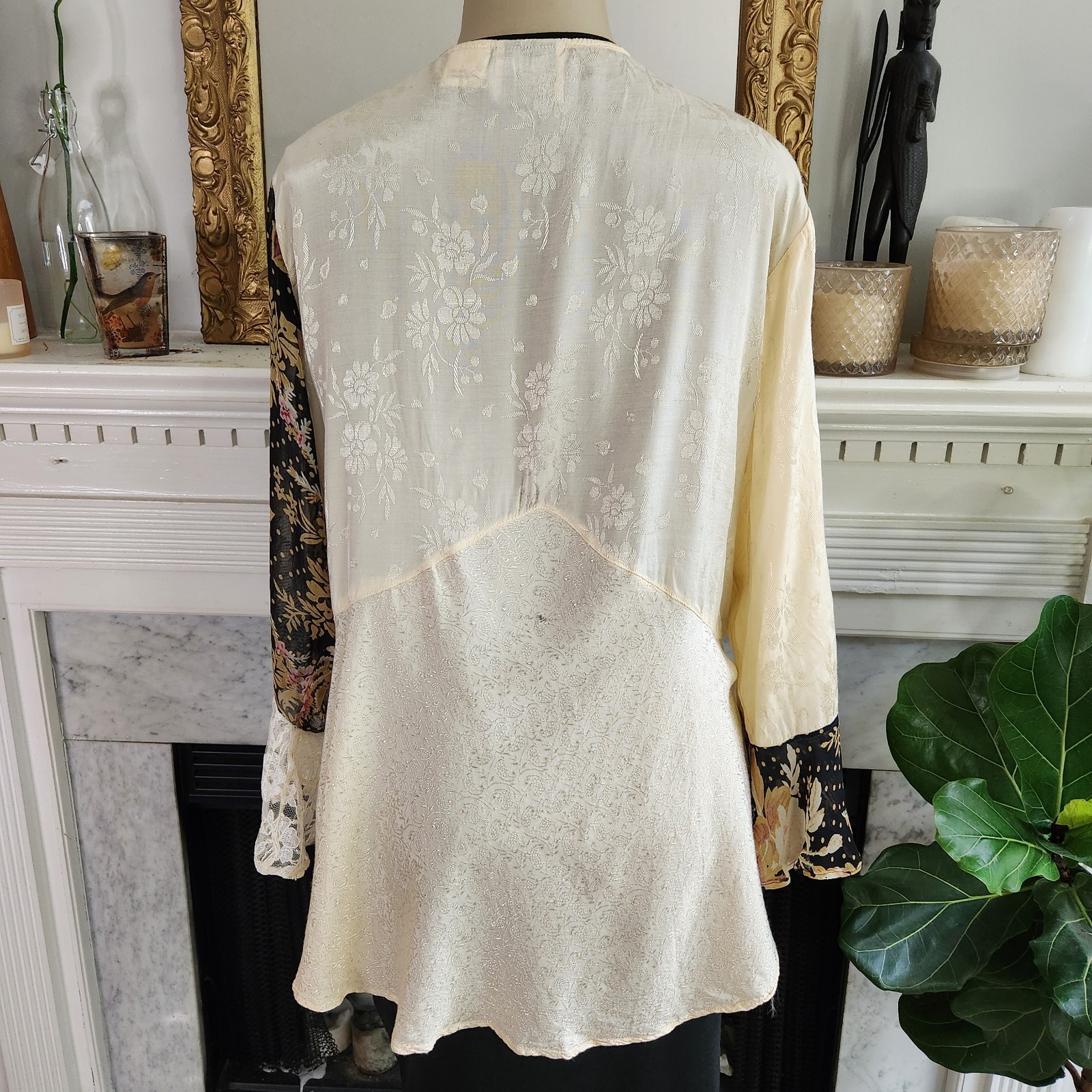 Vtg 80s Beige Patchwork Cardigan Sz 1X Jacket Jacquard Floral Boho Hippy Lace