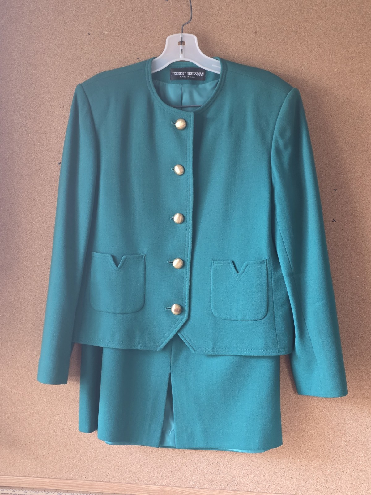 VTG Herbert Grossman Talbots Teal Green 100% Wool Skirt Suit Set Sz 14 Fits M/L
