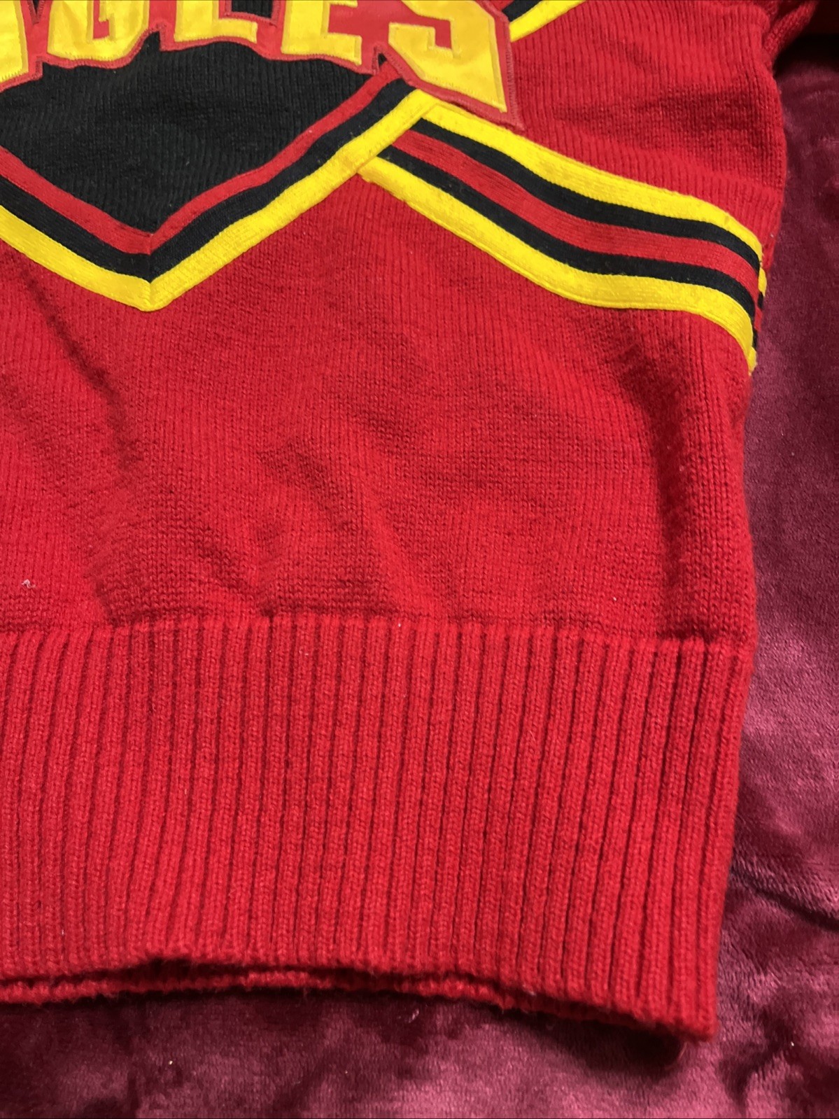 Vintage 80s Cheerleader Knit Sweater Red Black Gold Striped USA Made Medium