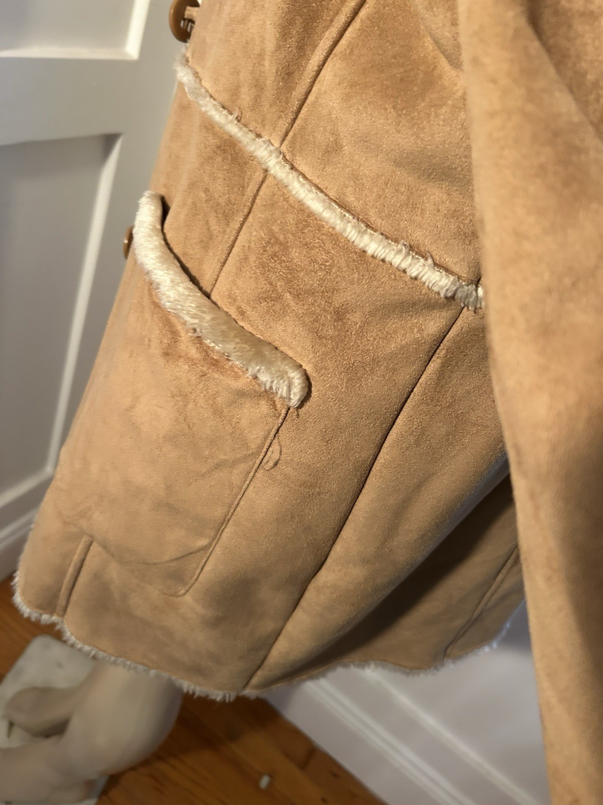 Vtg Jones New York XL Tan Brown Faux Fur Suede Coat Jacket Pennylane Hooded
