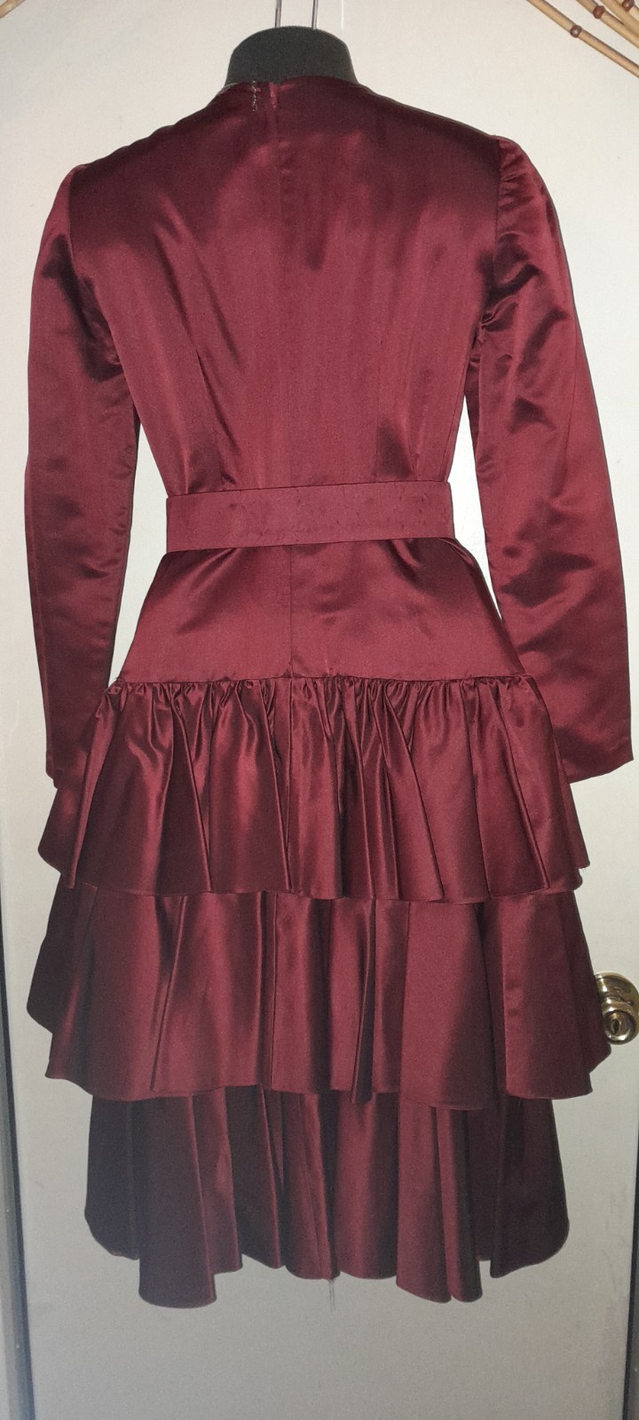 Vtg 70s 80s Designer WILLIAM PEARSON Burgundy Satin Silk Ruffle Tier Party Dress
