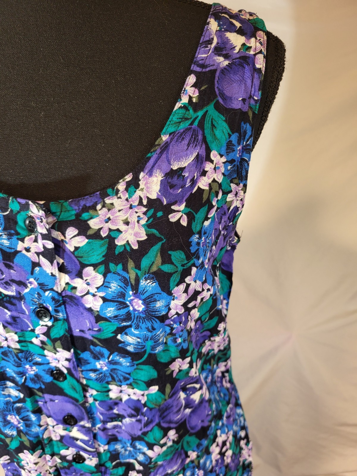 Vintage S Roberts Size 11 Dress Purple Green Blue Floral Button Front Sleeveless