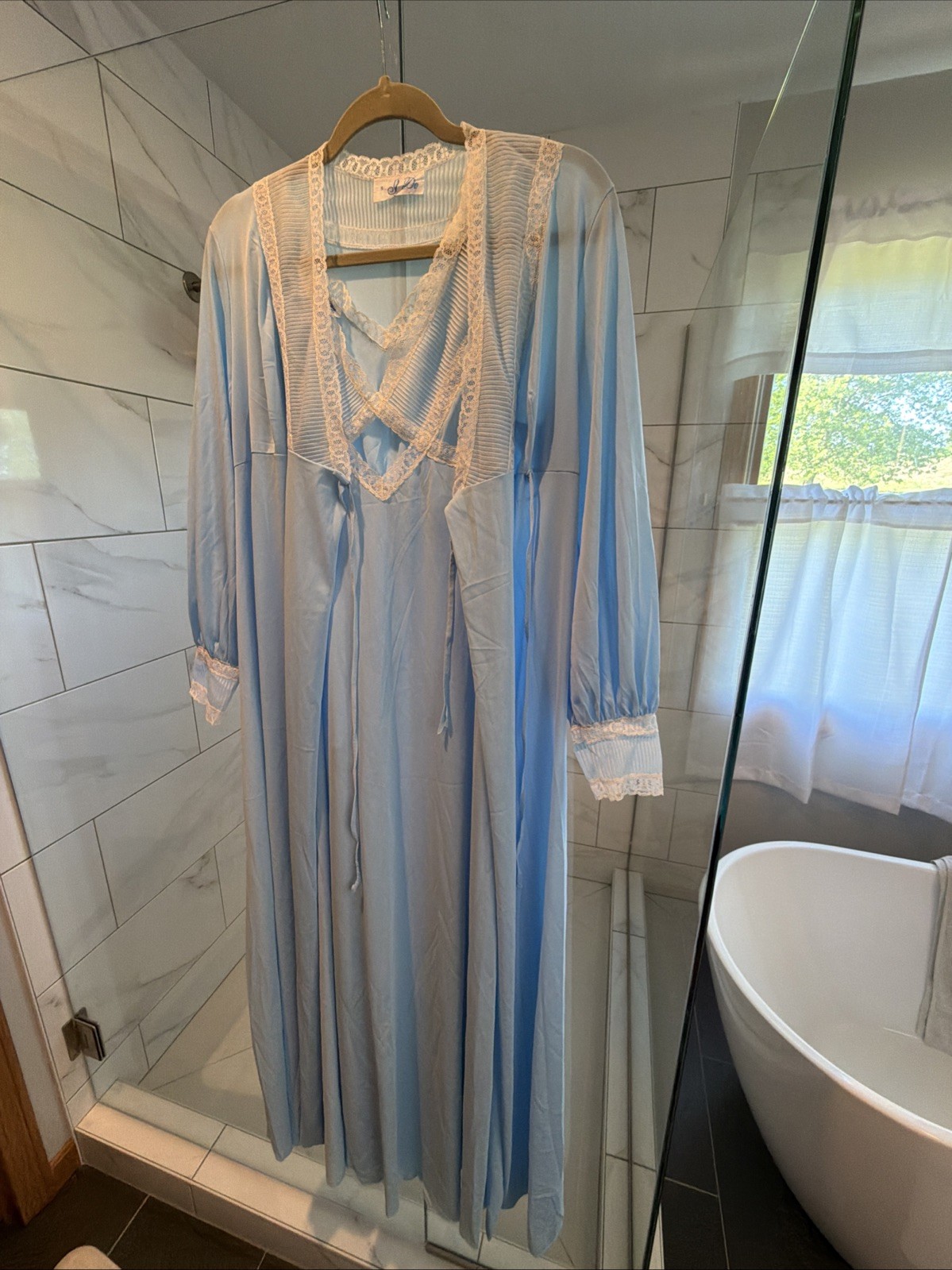 VTG I Do NYLON Lace Detail Baby Blue PEIGNOIR ROBE/NIGHTGOWN 2Pc SET Sz Small