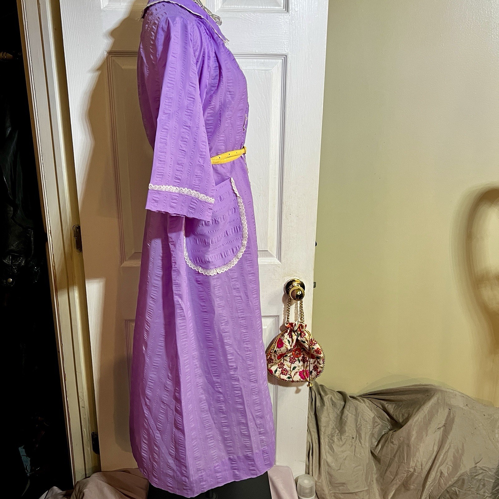 Vintage Wms Lavender Lace Trim Crepe Knit Grannycore Retro Preppy House Dress L