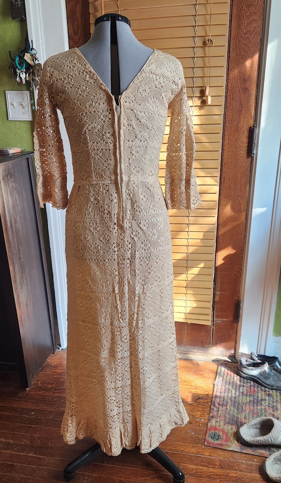 Woman’s Vintage Handmade Crochet Dress Size Small, Naturally Even Almond Patina