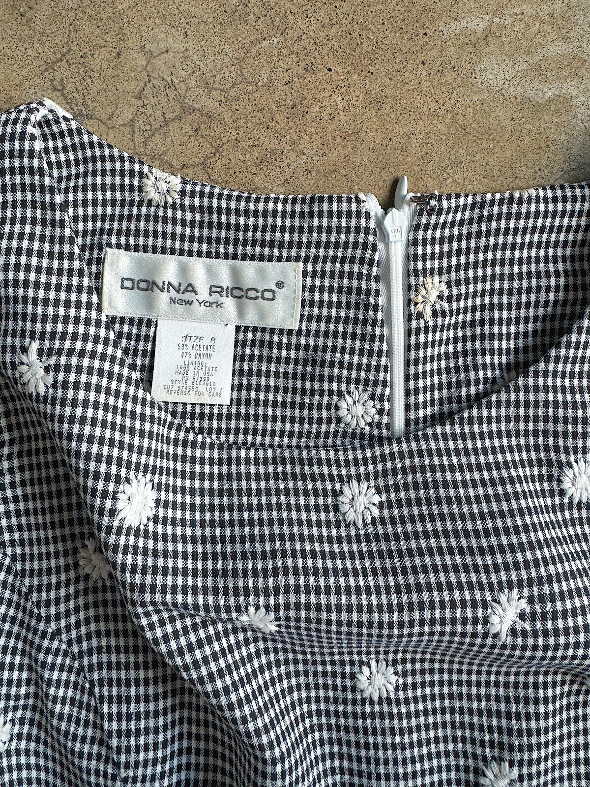 Vintage 90s Donna Ricco Gingham Floral Embroidered Sheath Dress Size 8