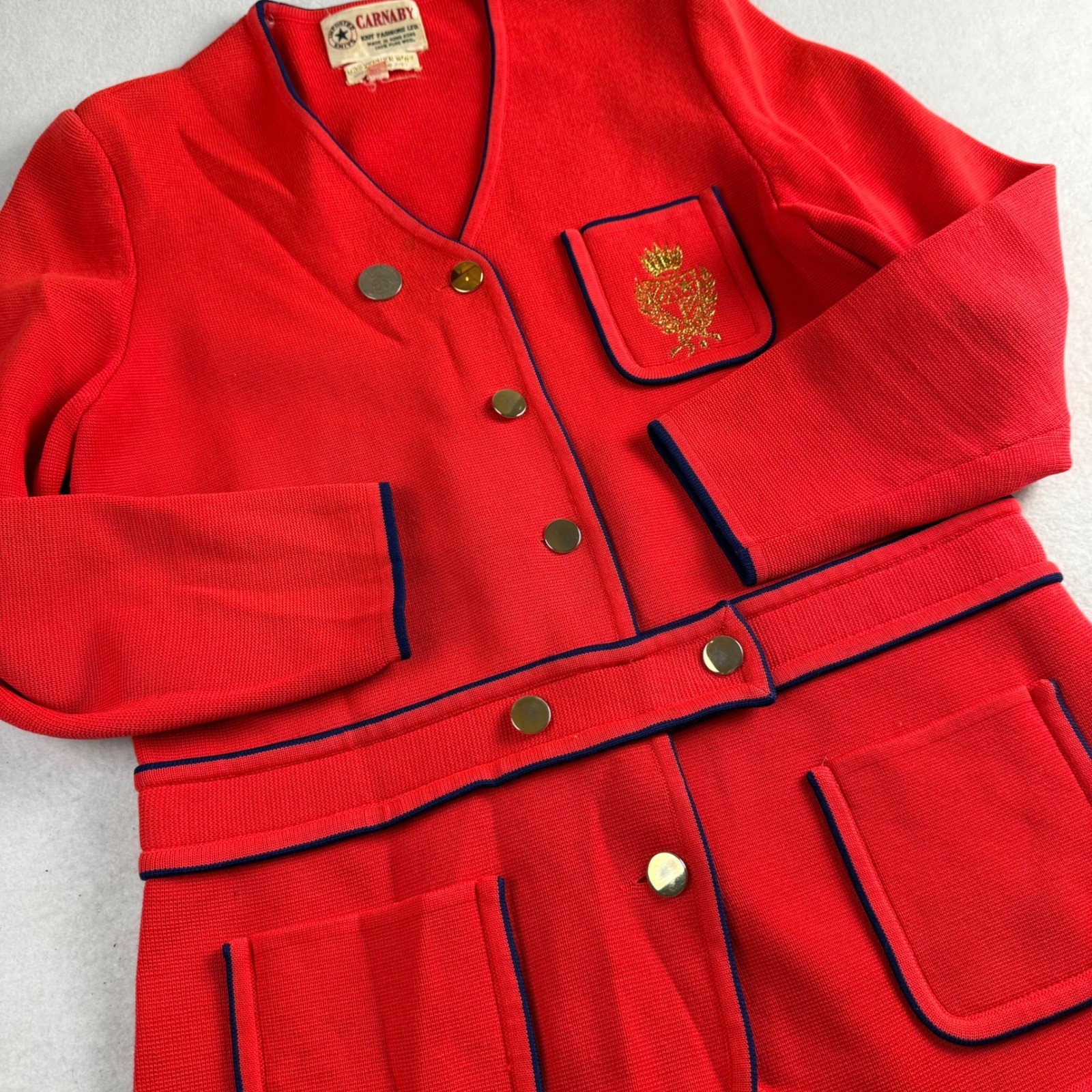 Vintage 60s Carnaby Red Wool Preppy Cardigan Navy Trim Gold Crest Buttons Sz 12
