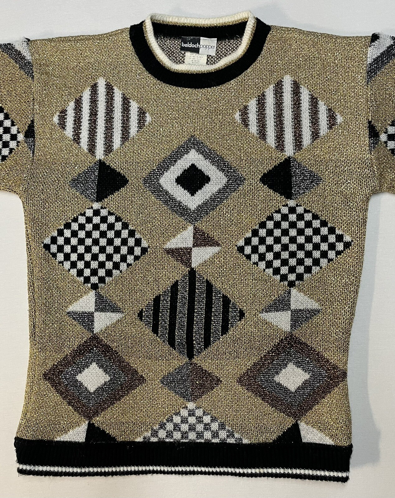 Vintage 80’s Beldoch Popper Sweater Gold Geometric Made USA Sz S Chest 38” EUC