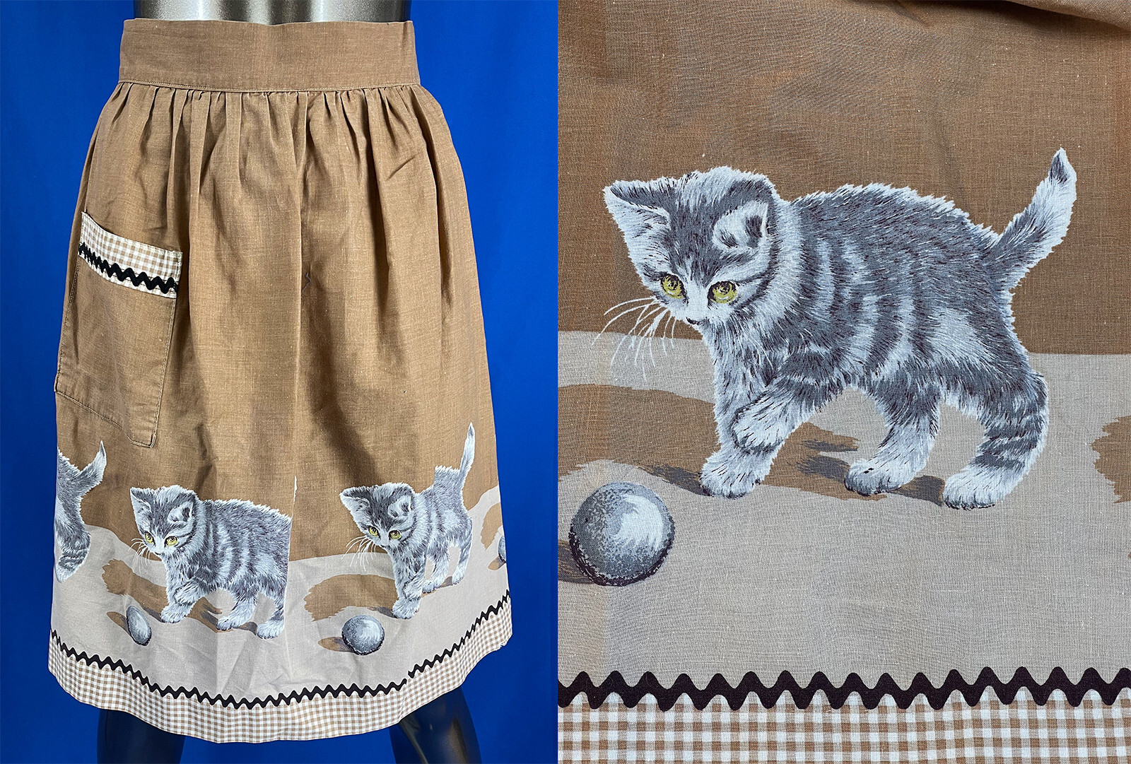 Vintage Brown White Gingham Cotton Gray Kitty Cat Novelty Print Half Apron Skirt