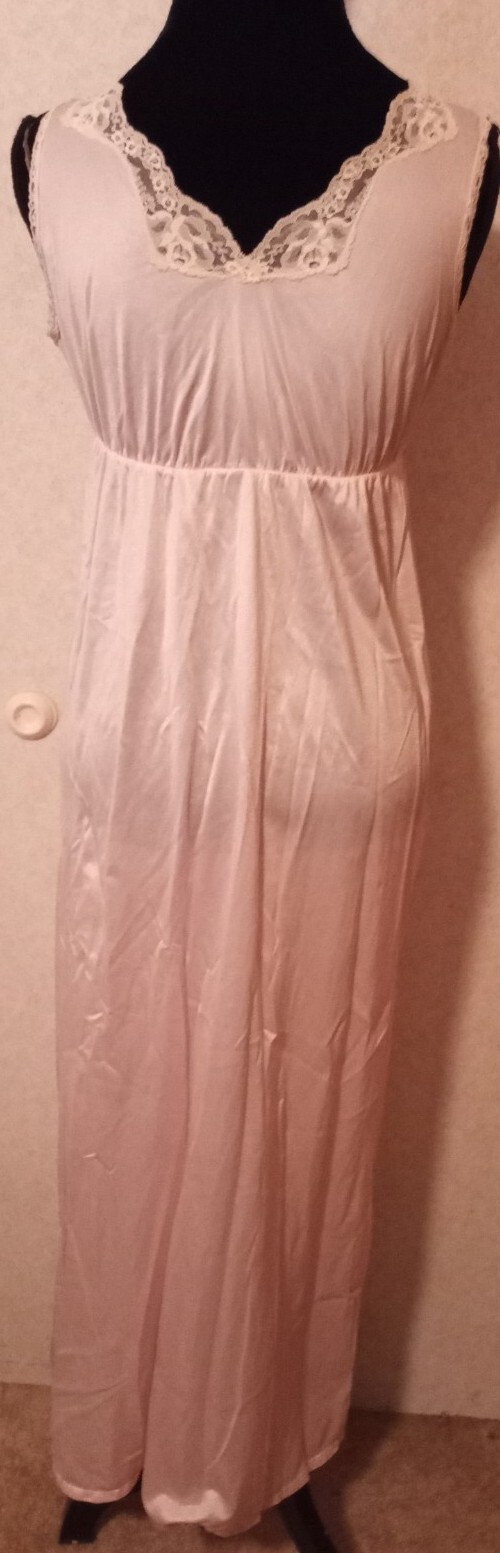 2 Vintage FANCY ME Sz S Pink Nylon Sheer Cream Lace Long Nightgown Slip Dress