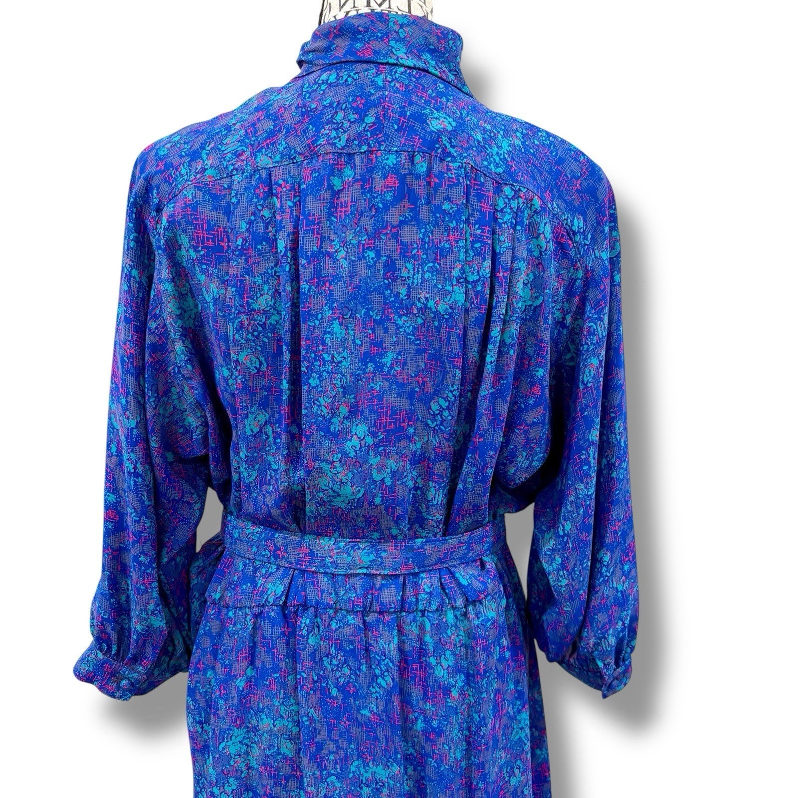 Vintage Willi Size M Blue Belted Midi Dress Brooch USA Secretary
