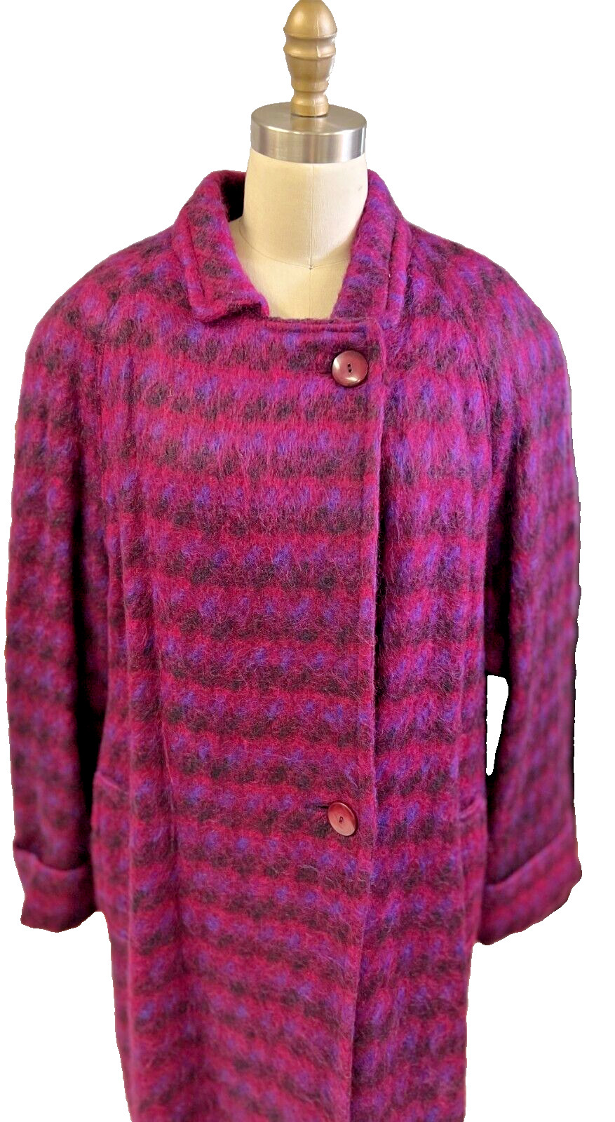 VTG 1980s Paul Levy Fuzzy Mohair Wool Plaid Swing Coat Purple NWOT L XL 14–16P