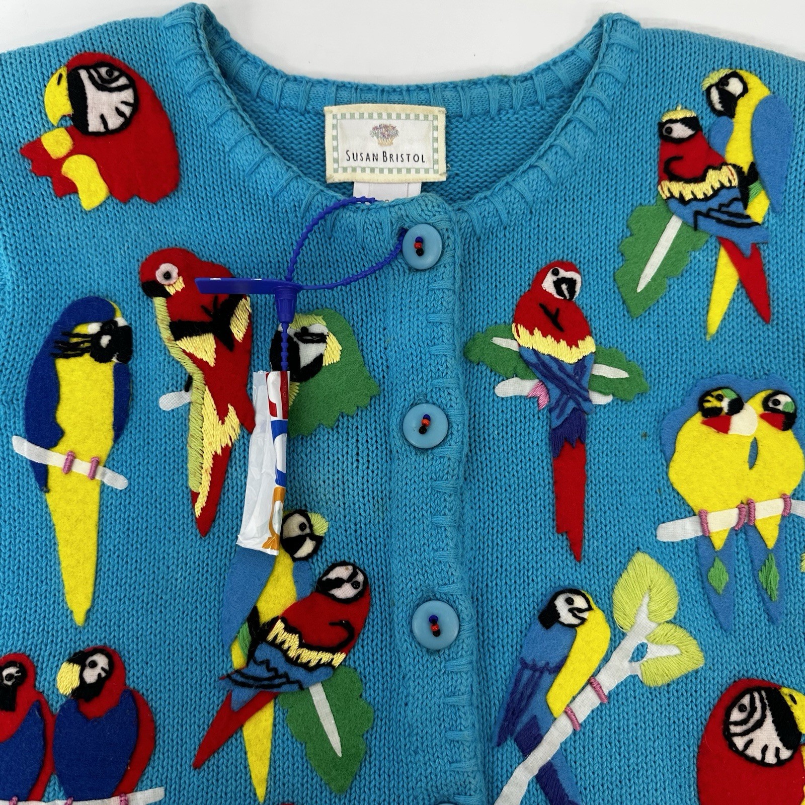 Susan Bristol VTG 1999 Parrot Cardigan Tropical Bird Knit RamieCotton Y2K S READ